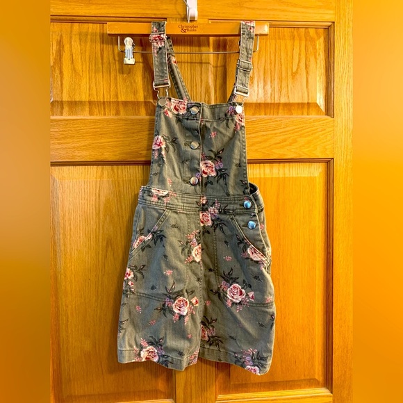 Divided H&M Overall Denim Skirt Green Flowers Womens 2 Jean Jumper Button Front - Picture 1 of 4